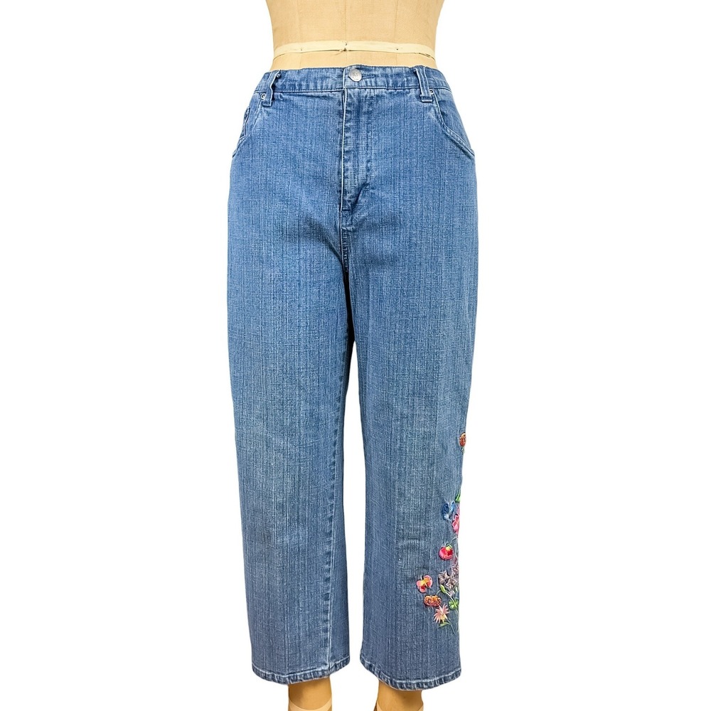 Y2K Cottagecore Floral Embroidered Jeans Butterfly Ruched Back Straight Leg 6